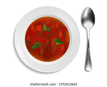 White porcelain plate with red soup and parsley on white background. Realistic style. Vector illustration.