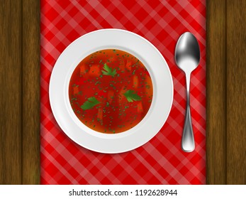 White porcelain plate with red soup and parsley, spoon on wooden table and checkered tablecloth. Realistic style. Vector illustration.
