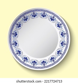 White porcelain or pottery plate with blue floral ornament. Stylized ethnic cobalt painting on porcelain. Vector illustration