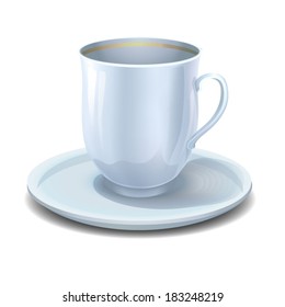 White porcelain tea-cup with a saucer on a white background.