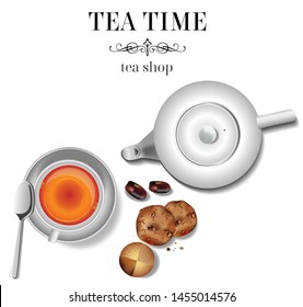 White porcelain teapot on the table and white cup with tea on the table. View from above. Copy space. Vector illustration