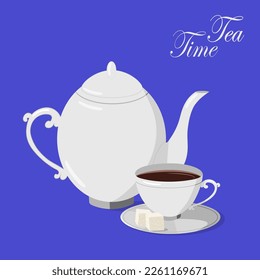 White porcelain teapot and teacup with sugar cubes on a blue background. Vector illustration of tea service items. Copy space.