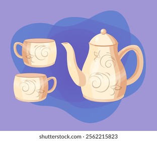 White porcelain teapot with teacups vector illustrations set. Collection of cartoon drawings of pot and cups with ornament on abstract background. Kitchenware, teatime, coziness concept