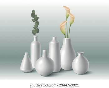 White porcelain vases of different shape with flowers realistic vector illustration