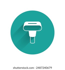 White Portable home and travel garment steamer for clothes icon isolated with long shadow background. Green circle button. Vector