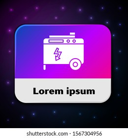 White Portable power electric generator icon isolated on black background. Industrial and home immovable power generator. Rectangle color button. Vector Illustration