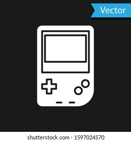 White Portable video game console icon isolated on black background. Gamepad sign. Gaming concept.  Vector Illustration