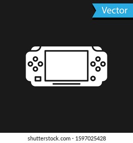 White Portable video game console icon isolated on black background. Gamepad sign. Gaming concept.  Vector Illustration