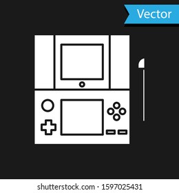 White Portable video game console icon isolated on black background. Gamepad sign. Gaming concept.  Vector Illustration