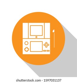 White Portable video game console icon isolated on white background. Gamepad sign. Gaming concept. Orange circle button. Vector Illustration