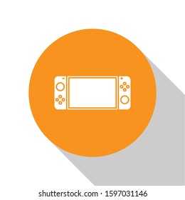 White Portable video game console icon isolated on white background. Gamepad sign. Gaming concept. Orange circle button. Vector Illustration