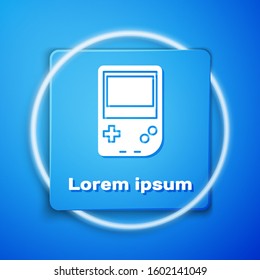 White Portable video game console icon isolated on blue background. Gamepad sign. Gaming concept. Blue square button. Vector Illustration