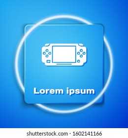 White Portable video game console icon isolated on blue background. Gamepad sign. Gaming concept. Blue square button. Vector Illustration
