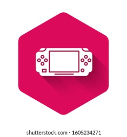 White Portable video game console icon isolated with long shadow. Gamepad sign. Gaming concept. Pink hexagon button. Vector Illustration