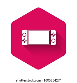White Portable video game console icon isolated with long shadow. Gamepad sign. Gaming concept. Pink hexagon button. Vector Illustration