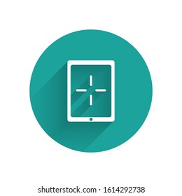 White Portable video game console icon isolated with long shadow. Gamepad sign. Gaming concept. Green circle button. Vector Illustration