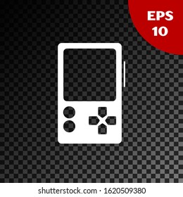 White Portable video game console icon isolated on transparent dark background. Gamepad sign. Gaming concept.  Vector Illustration