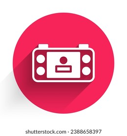 White Portable video game console icon isolated with long shadow background. Handheld console gaming. Red circle button. Vector