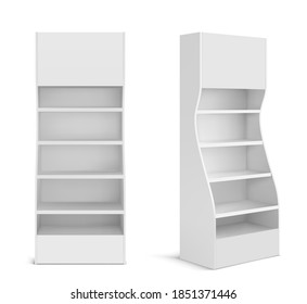 White POS display stand for products in supermarket, store and shop. Vector realistic 3d mockup of blank promotion rack with empty shelves, retail showcase isolated on white background