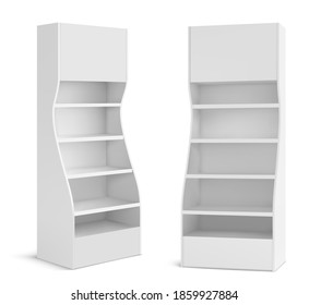 White POS display stand for supermarket products. Store and shop blank promotion rack mockup with empty shelves, portable exhibition retail showcase isolated on white background realistic 3d vector