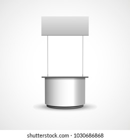 White POS POI blank empty retail stand stall bar display with roof. On white background isolated. Mock up template is ready for your design.