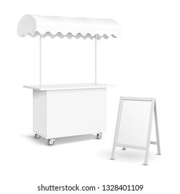 White POS POI Blank Empty Retail Stand Stall Mobile Bar Display With Roof, Canopy, Banner. Fast Food. On White Background Isolated. Mock Up Template Ready For Your Design. Product Packing Vector EPS10