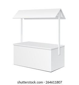 White POS POI Blank Empty Retail Stand Stall Bar Display With Roof, Canopy. On White Background Isolated. Mock Up Template Ready For Your Design. Product Packing Vector EPS10