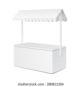 White POS POI Blank Empty Retail Stand Stall Bar Display With Roof, Canopy. On White Background Isolated. Mock Up Template Ready For Your Design. Product Packing Vector EPS10