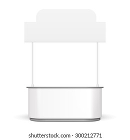 White POS POI Blank Empty Retail Stand Stall Bar Display With Roof, Canopy. On White Background Isolated. Mock Up Template Ready For Your Design. Product Packing Vector EPS10
