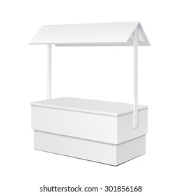 White POS POI Blank Empty Retail Stand Stall Bar Display With Roof, Canopy. On White Background Isolated. Mock Up Template Ready For Your Design. Product Packing Vector EPS10