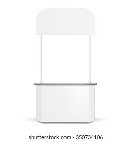 White POS POI Blank Empty Retail Stand Stall Bar Display With Roof, Canopy. On White Background Isolated. Mock Up Template Ready For Your Design. Product Packing Vector EPS10