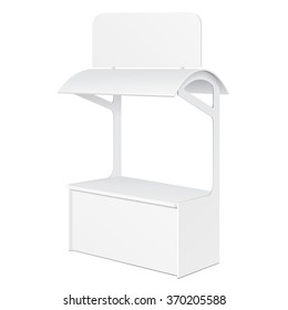 White POS POI Blank Empty Retail Stand Stall Bar Display With Roof, Canopy, Banner. On White Background Isolated. Mock Up Template Ready For Your Design. Product Packing Vector EPS10
