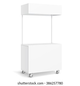 White POS POI Blank Empty Retail Stand Stall Mobile Bar Display With Roof, Canopy, Banner. Fast Food. On White Background Isolated. Mock Up Template Ready For Your Design. Product Packing Vector EPS10