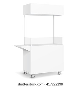 White POS POI Blank Empty Retail Stand Stall Mobile Bar Display With Roof, Canopy, Banner. Fast Food. On White Background Isolated. Mock Up Template Ready For Your Design. Product Packing Vector EPS10