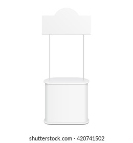White POS POI Blank Empty Retail Stand Stall Bar Display With Banner. On White Background Isolated. Mock Up Template Ready For Your Design. Product Packing Vector EPS10