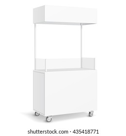 White POS POI Blank Empty Retail Stand Stall Mobile Bar Display With Roof, Canopy, Banner. Fast Food. On White Background Isolated. Mock Up Template Ready For Your Design. Product Packing Vector EPS10