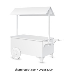 White POS POI Blank Mobile Transportable Retail Stand Stall Bar Display With Roof, Canopy On Wheels. On White Background Isolated. Mock Up Template Ready For Your Design. Product Packing Vector EPS10