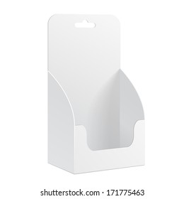 White POS POI Cardboard Blank Empty Show Box Holder For Advertising Fliers, Leaflets Or Products, Hang Slot On White Background Isolated. Ready For Your Design. Product Packing. Vector EPS10