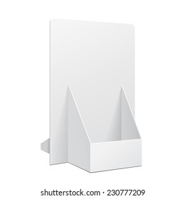 White POS POI Cardboard Blank Empty Show Box Holder For Advertising Fliers, Leaflets Or Products On White Background Isolated. Ready For Your Design. Product Packing. Vector EPS10