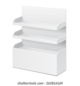White POS POI Cardboard Blank Empty Displays With Shelves Products. On White Background Isolated. Mock Up Template Ready For Your Design. Product Packing Vector EPS10