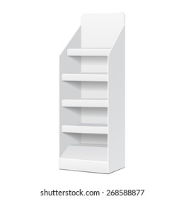 White POS POI Cardboard Blank Empty Displays With Shelves Products On White Background Isolated. Ready For Your Design. Product Packing. Vector EPS10 