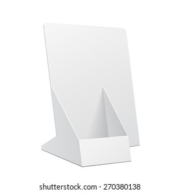 White POS POI Cardboard Blank Empty Show Box Holder For Advertising Fliers, Leaflets Or Products On White Background Isolated. Ready For Your Design. Product Packing. Vector EPS10 