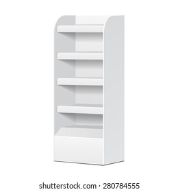 White POS POI Cardboard Blank Empty Displays With Shelves Products On White Background Isolated. Ready For Your Design. Product Packing. Vector EPS10 