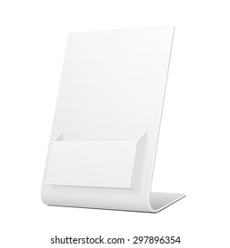 White POS POI Cardboard Blank Empty Show Box Holder For Advertising Fliers, Leaflets Or Products. Illustration Isolated On White Background. Mock Up Template Ready For Your Design. Vector EPS10