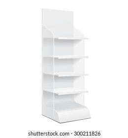 White POS POI Cardboard Blank Empty Displays With Shelves Products On White Background Isolated. Ready For Your Design. Product Packing. Vector EPS10 