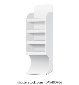 White POS POI Cardboard Blank Empty Displays With Shelves Products On White Background Isolated. Ready For Your Design. Product Packing. Vector EPS10 