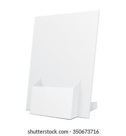 White POS POI Cardboard Blank Empty Show Box Holder For Advertising Fliers, Leaflets Or Products On White Background Isolated. Ready For Your Design. Product Packing. Vector EPS10 