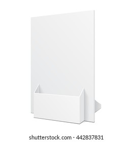 White POS POI Cardboard Blank Empty Show Box Holder For Advertising Fliers, Leaflets Or Products On White Background Isolated. Ready For Your Design. Product Presentation. Vector EPS10 