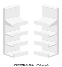 White POS POI Cardboard Blank Empty Displays With Shelves Products On White Background Isolated. Ready For Your Design. Product Packing. Vector EPS10