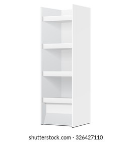White POS POI  Cardboard Floor Display Rack For Supermarket Blank Empty Displays With Shelves Products On White Background Isolated. Ready For Your Design. Product Packing. Vector EPS10 